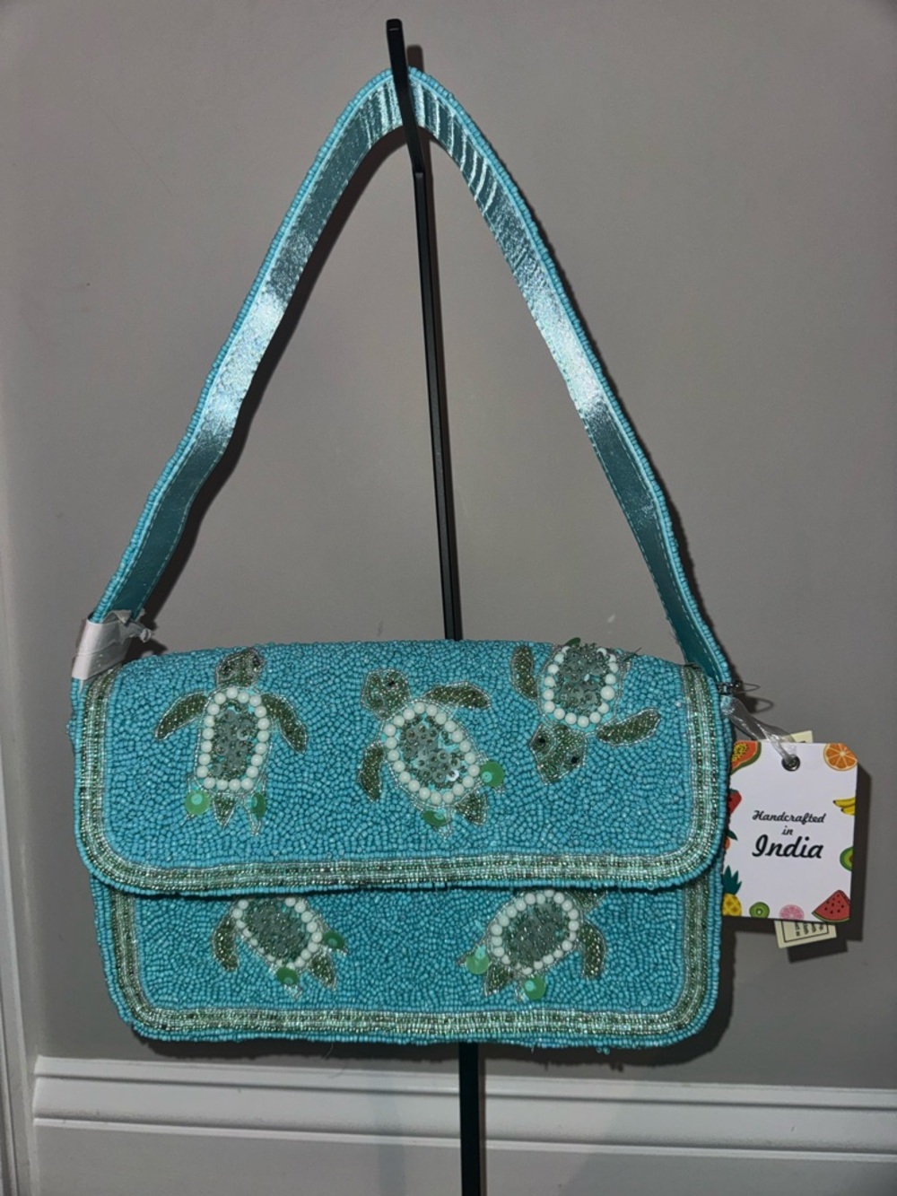 Turquoise Beaded Turtle Shoulder Bag